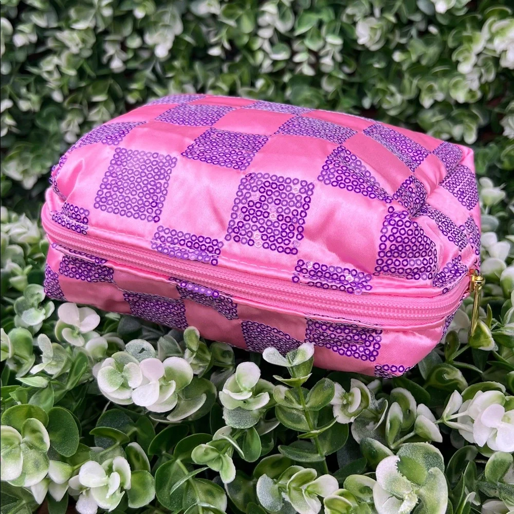 Ulta Beauty Pink and Purple Sequins Check Pattern Cosmetic Pouch Bag